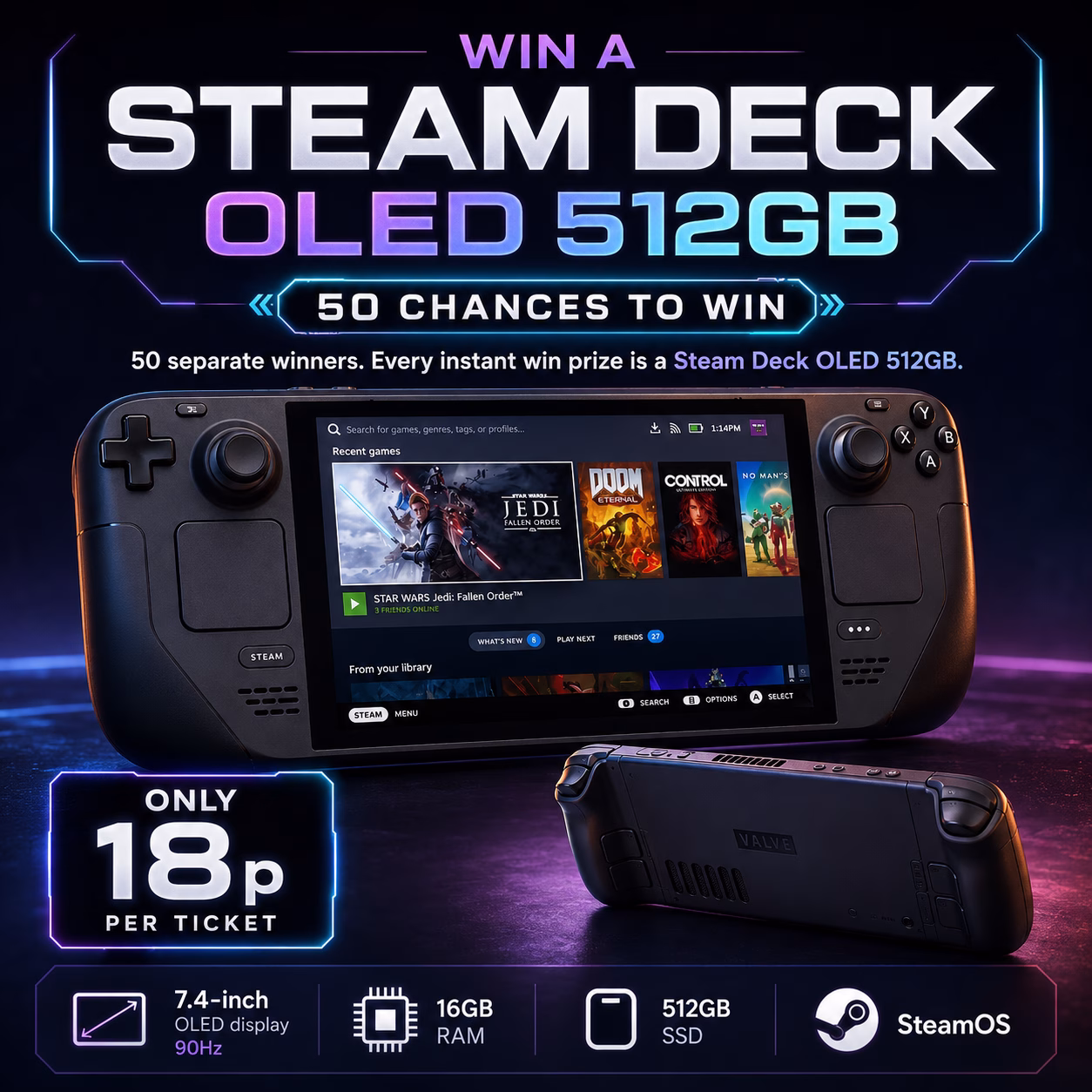 Valve Steam Deck OLED 512GB | 50 Instant Wins | 18p Per Ticket