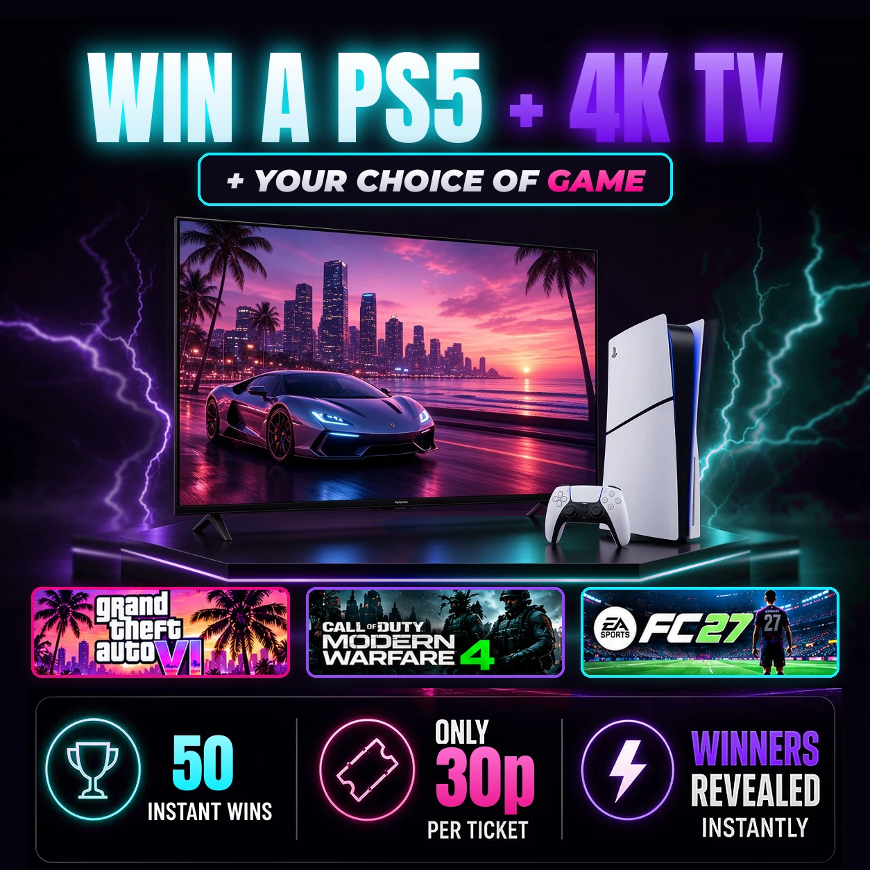 PS5 Digital Edition, Hisense 50 inch 4K TV and a choice of GTA VI, Modern Warfare 4 or EA SPORTS FC 27